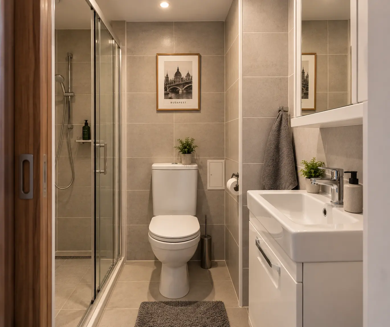 Compact private bathroom beneath a gallery in a Budapest micro-apartment
